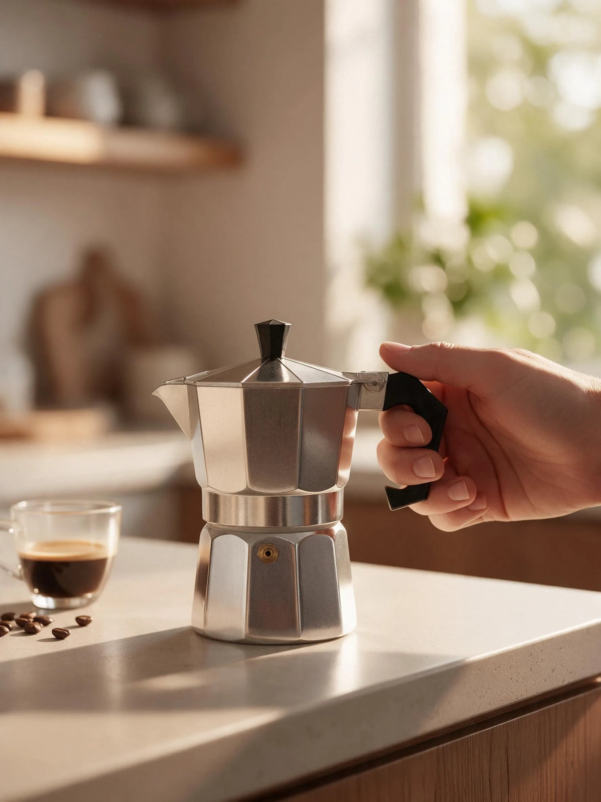 JUXIONG moka pot na kuhinjskom pultu pored šoljice kafe