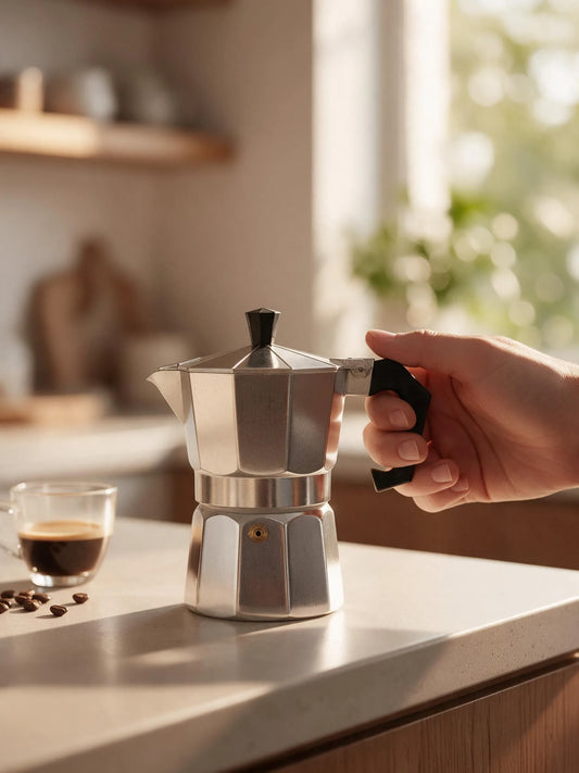 JUXIONG moka pot na kuhinjskom pultu pored šoljice kafe