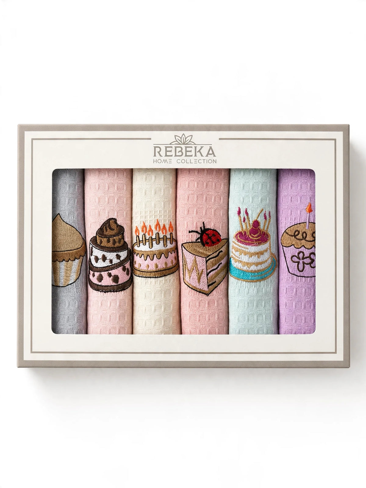 Set kuhinjskih krpa sa vezenim motivima kolača u pastelnim bojama
