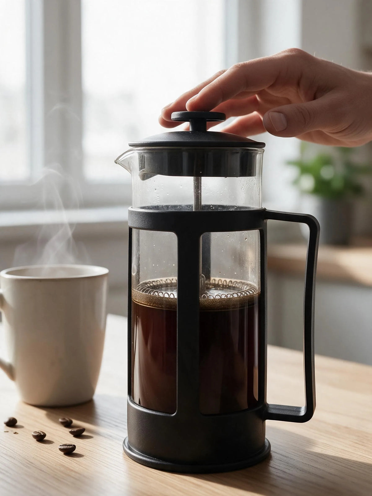 Crni French press sa pripremljenom kafom na stolu