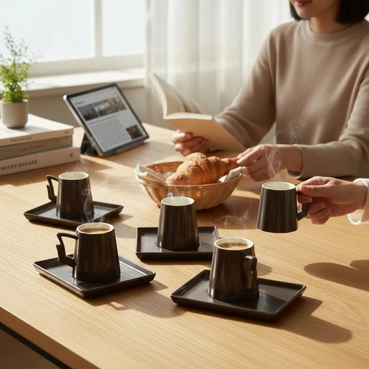 Set šolja sa tacnama 6 kom – premium keramika antracit siva