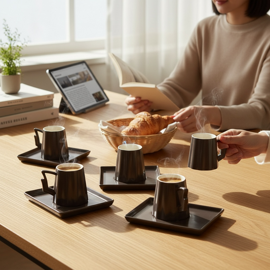 Set šolja sa tacnama 6 kom – premium keramika tamno braon